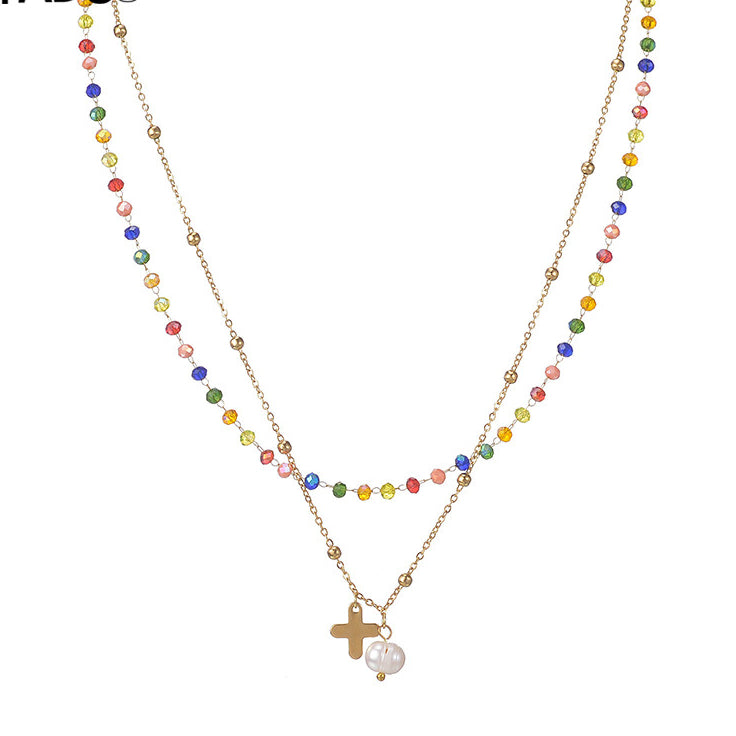 Collar de perlas de perlas de cadena de cristal de color de doble capa de acero de titanio al por mayor
